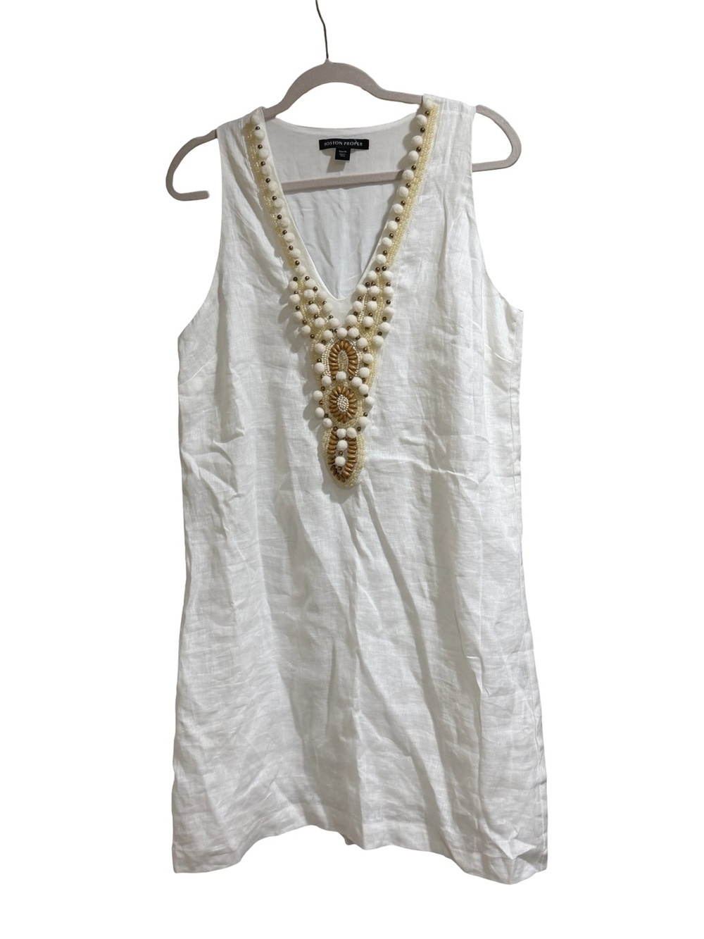 ✨ Boston Proper Linen White Shift Dress Yellow Gold Beaded Detail Size Medium - Picture 5 of 13